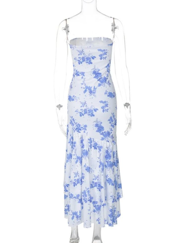 Elegante vestido de noche de sirena con estampado floral y volantes sin tirantes Y7840