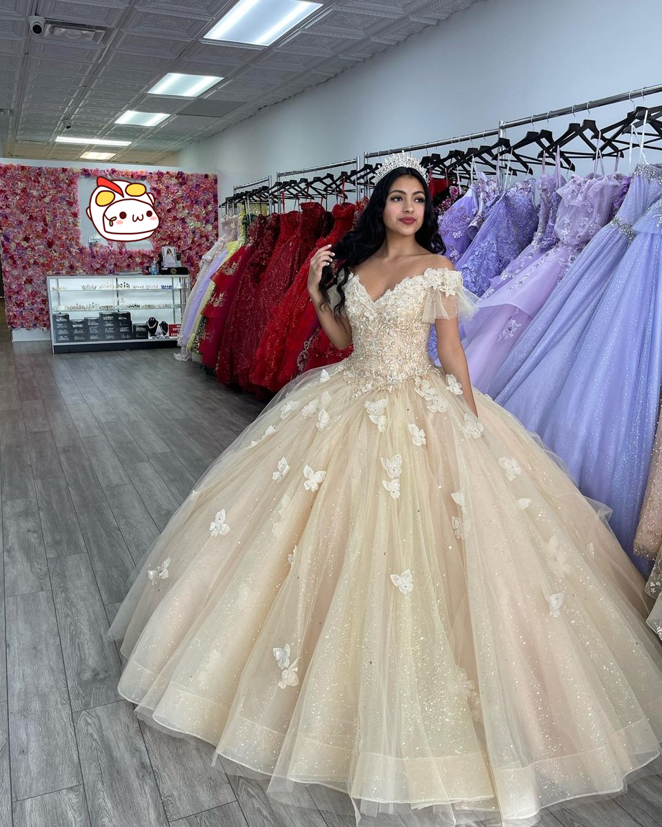 Robe de quinceañera à épaules dénudées et papillons, robe de bal à paillettes pour les 16 ans, Y2410