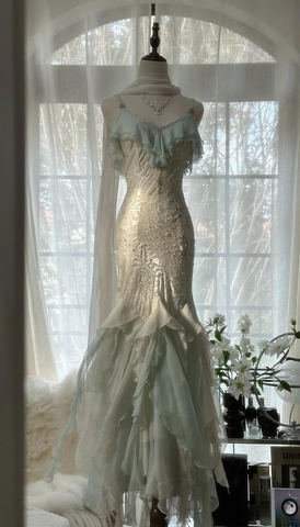 Classy Mint Green Temperament Mermaid Spaghetti Strap Chiffon Beaded Evening Dress Formal Prom Dress Y8546