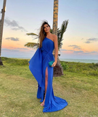 Robe de soirée longue bleu roi asymétrique à une épaule avec fente, tenue d'invitée de mariage Y4839