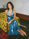 Robe de bal sexy à col en V fendue, robe de soirée bleue Y8311