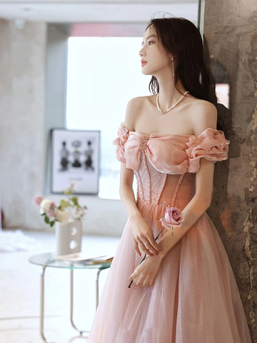 Robe de bal longue rose en tulle et perles, décolleté cœur, Y2406