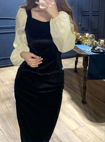 Vestido de noche de invierno elegante de terciopelo negro con cuello en V y pespuntes, estilo retro, cintura alta y mangas abullonadas Y5673