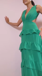 Emerald Green Deep V Neck Layered Ruffles Evening Dress Backless Long Prom Dress Y8386