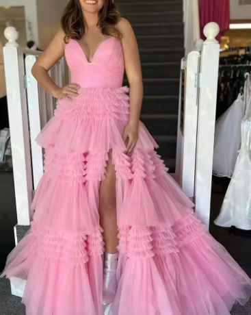 Champagne A-Line Spaghetti Straps Ruffles Formal Evening Dresses Long Prom Dress Y6801