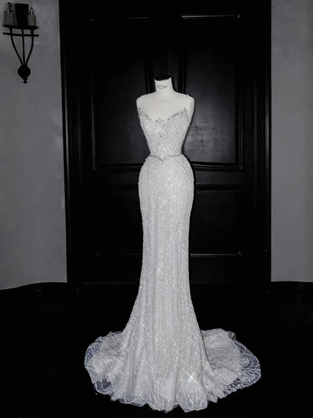 Robe de bal sirène longue en tulle blanc pailleté et perles, robe de soirée, robe de mariée Y8666