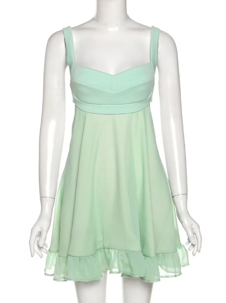 Vestido de fiesta corto verde de corte A, sin espalda, modelo Y2510