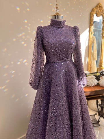 Robe de soirée luxueuse à paillettes, coupe trapèze, manches longues Y5810