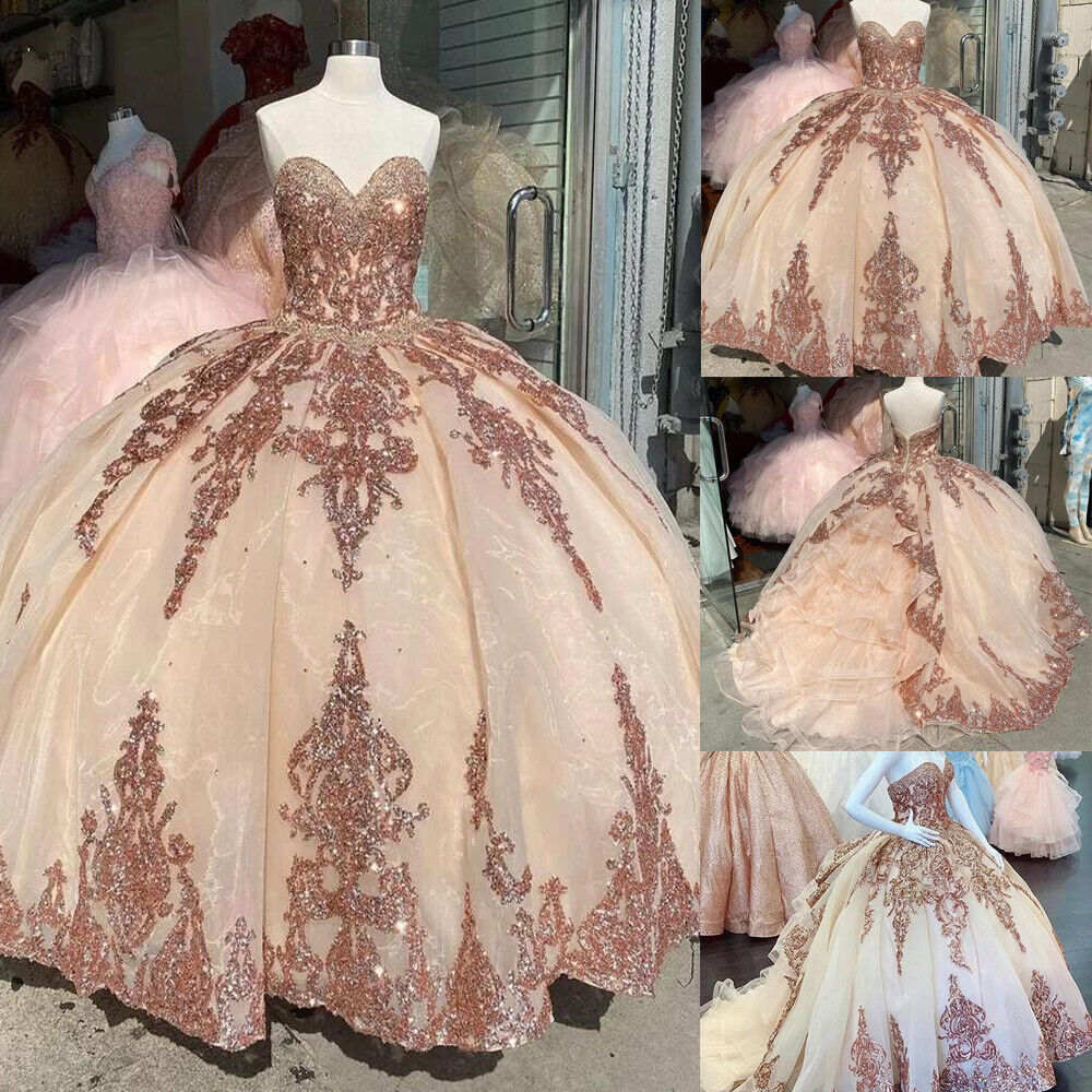 Robes de bal rose doré pour Sweet 16 (Quinceañera) avec sequins et appliques, décolleté cœur Y401