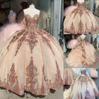 Robes de bal rose doré pour Sweet 16 (Quinceañera) avec sequins et appliques, décolleté cœur Y401