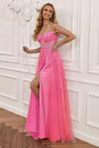 Vestido de fiesta azul marino corte A, encaje y tul, modelo Y382