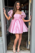 Robe de bal rose à col carré et manches ballon, coupe trapèze, référence Y2434