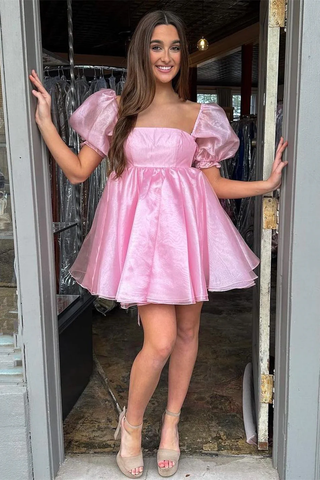 Pink Square Neck Balloon Sleeves A-Line Homecoming Dress Y2434