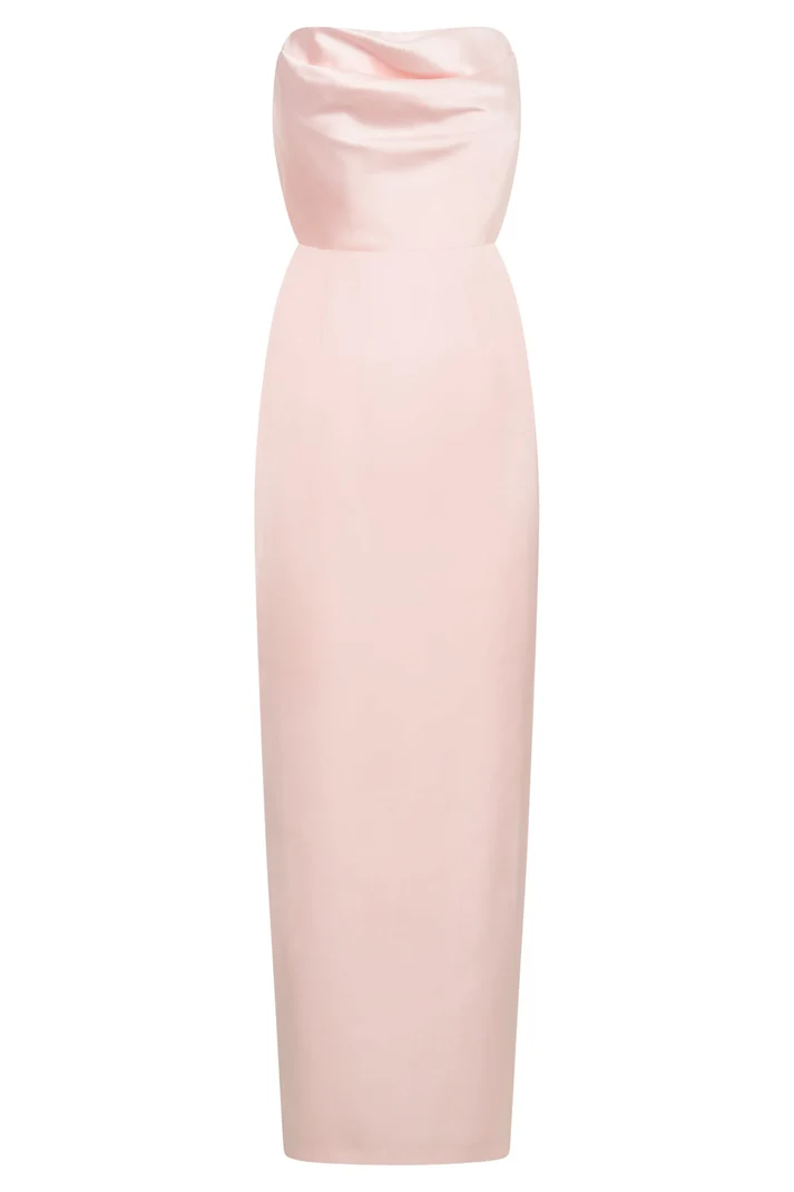 Vestido de noche largo de satén rosa sin tirantes Y7790