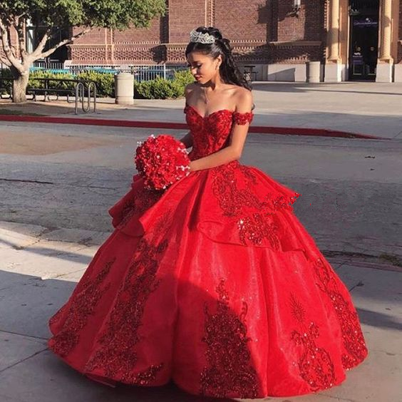 Vestido de gala rojo elegante y lujoso para mujer, con hombros descubiertos, ideal para fiestas de quinceañera (modelo Y4161).
