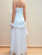 Robe de soirée élégante bleu pastel à bretelles, en mousseline avec appliques et perles Y8142