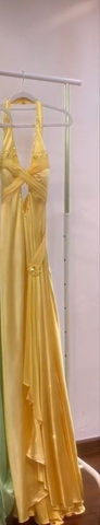 Elegant Yellow Halter Satin Beaded Prom Dress Slit Mermaid Party Evening Dress Y8426