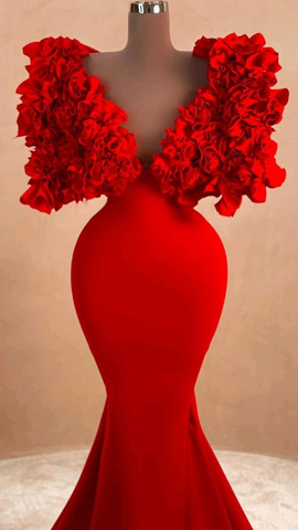 Vestido largo de noche rojo para mujer, estilo sirena, con volantes y hombros tipo nube Y4932