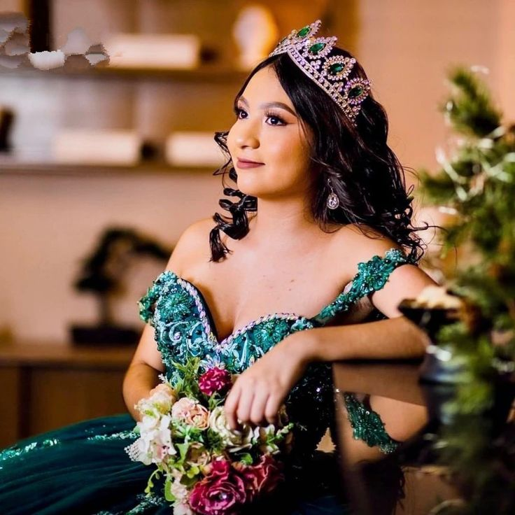 Vestido de quinceañera verde oscuro, vestido de 16 años, vestido de lentejuelas y cuentas, vestido de baile Y3030