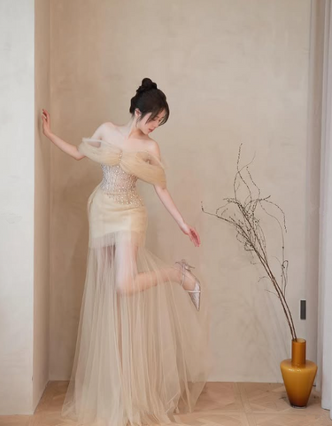 Champagne Tulle Off The Shoulder Beaded Prom Dress A Line Long Evening Dress Y8544