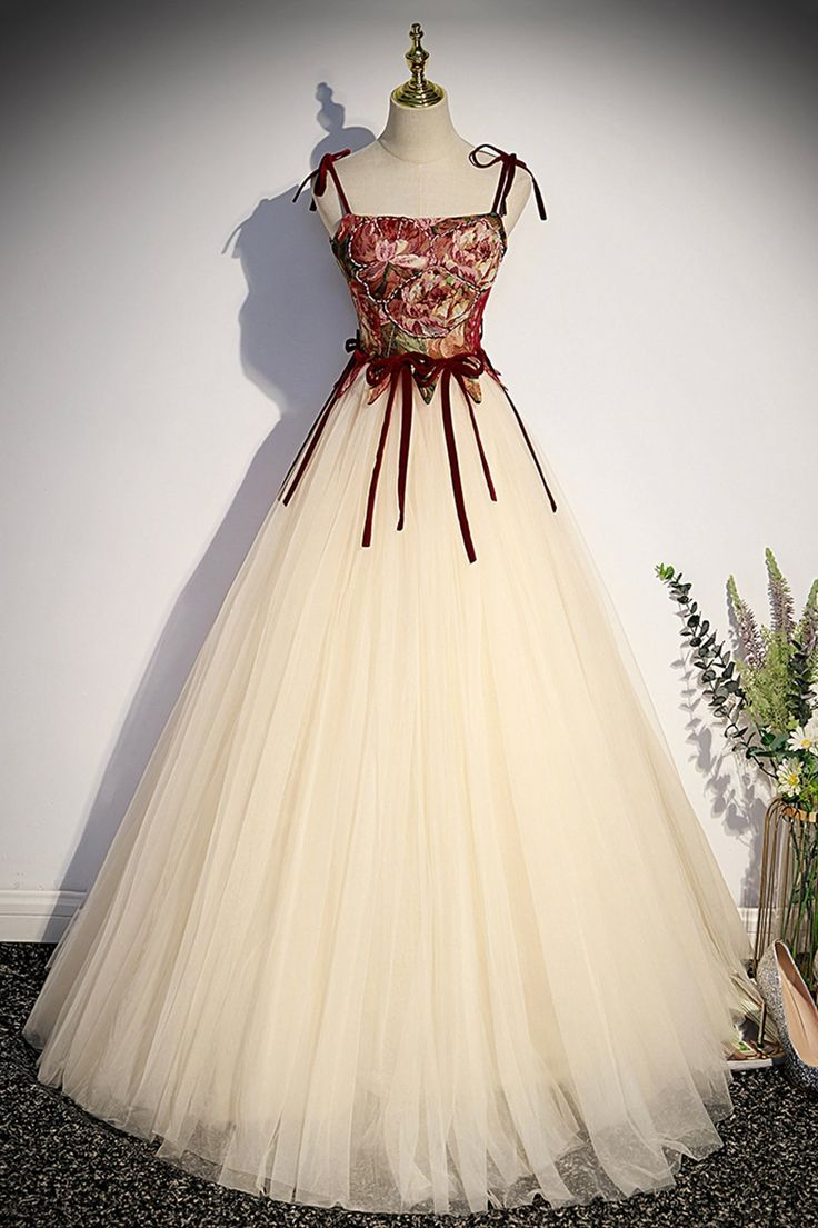Vestido largo de fiesta de corte A, estilo gala, con tirantes finos y tul color champán Y7952