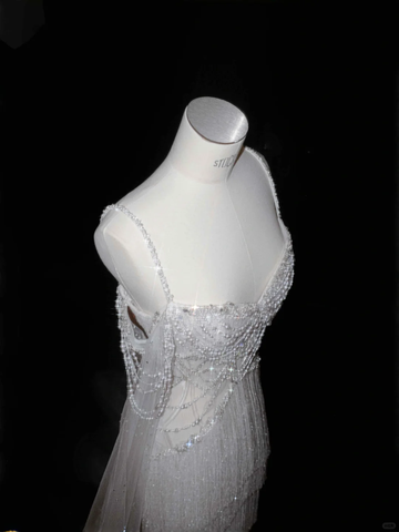 Luxury White Tulle Pearl Bead Chain Beaded Tassel Prom Dress Evening Dress,Off Shoulder Wedding Dress Y8662