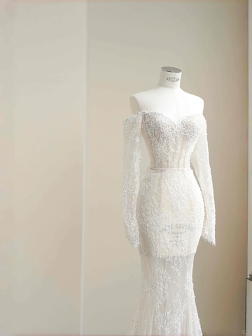 Romantic White Lace Appliques Tulle Sequin Mermaid Prom Dress Off Shoulder Evening Dress Y8663