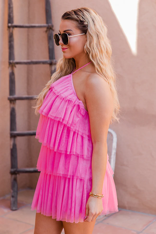 Layer Hem Backless Mesh Overlay Halter Dress Pink Homecoming Dress Y2569