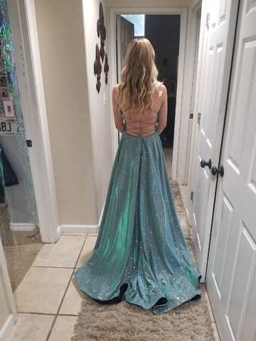 Shiny A-line V Neck Evening Dress Graduation Dress Y6754