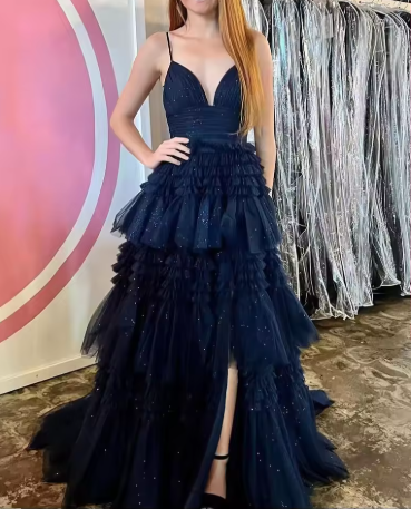 Champagne A-Line Spaghetti Straps Ruffles Formal Evening Dresses Long Prom Dress Y6801