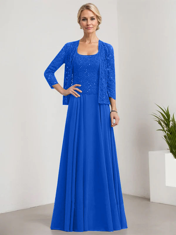 Vestido de corte A, cuadrado, largo hasta el suelo, de encaje y gasa con lentejuelas para la madre de la novia 