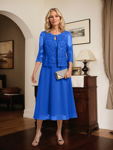 Vestido de novia de corte línea A, escote redondo, largo hasta la rodilla, de encaje y gasa con lentejuelas. 