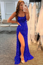 Vestido de fiesta con lentejuelas brillantes, vestido formal con abertura alta, vestido de noche azul real Y75