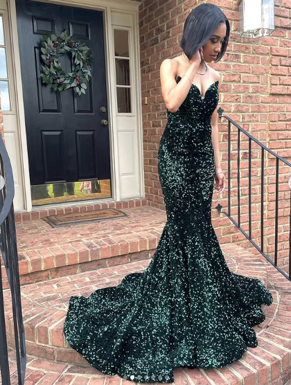 Robe de bal sirène sexy à paillettes, longue robe de soirée vert foncé pour femme, Y4329