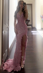 Robe de soirée sirène fendue, ornée de sequins roses, de dentelle et de plumes, luxueuse Y7872