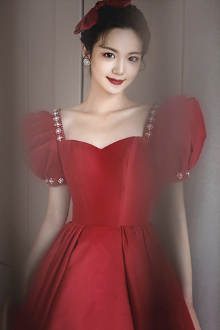 Robe de bal longue en satin bordeaux, robe de soirée trapèze Y1169