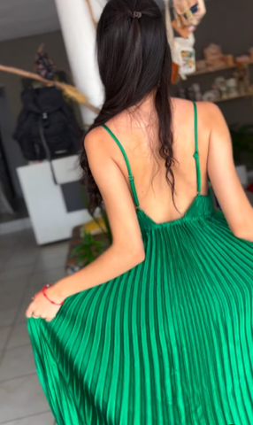 Vestido de fiesta verde con tirantes finos, escote en V plisado, corte en A, estilo vestido de noche Y7958
