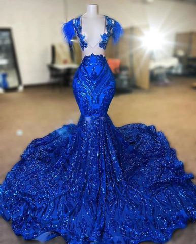 Vestido de noche modesto con plumas, elegante vestido de sirena azul real brillante para baile de graduación Y6657