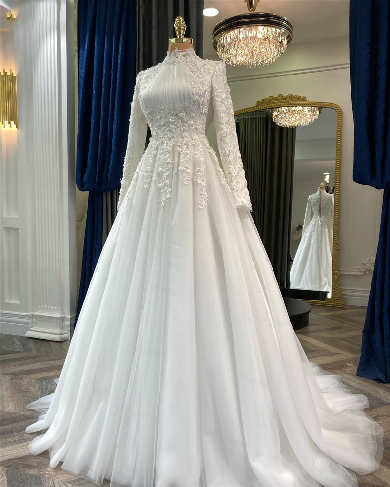 Elegante vestido de novia musulmán con apliques florales, estilo árabe, de Dubái, manga larga, modelo Y4444