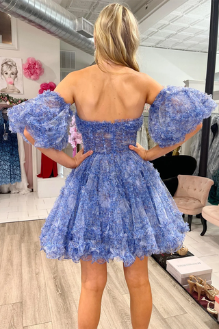 Vestido de fiesta azul con mangas abullonadas, volantes y estampado, corte en A, modelo Y2714
