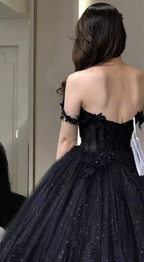 Vestido de tul con apliques de encaje, vestido de novia negro con purpurina, vestido largo de noche con flores 3D Y1625