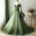 Vestido de noche largo verde con apliques de encaje y tul, estilo único con hombros descubiertos Y8395