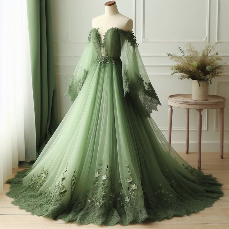 Vestido de noche largo verde con apliques de encaje y tul, estilo único con hombros descubiertos Y8395