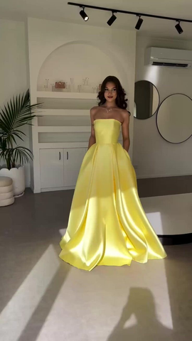 Elegant Yellow Satin Strapless A Line Prom Dress Long Evening Gown With Pockets Y8469