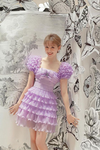 Robe de bal de promo violette à volants, coupe trapèze, robe de soirée d'anniversaire Y2690