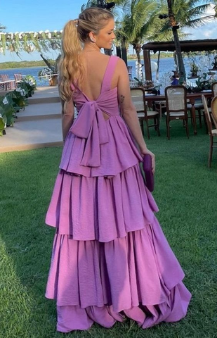 Robe de bal violette coupe trapèze, robe de soirée à volants en satin stretch Y4056
