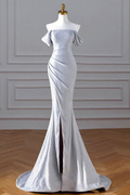 Robe de bal sirène argentée à paillettes scintillantes, épaules dénudées et fente Y5233