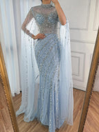 Luxury Modest Nude Mermaid Evening Dress with Cape Sleeves LA71885A
