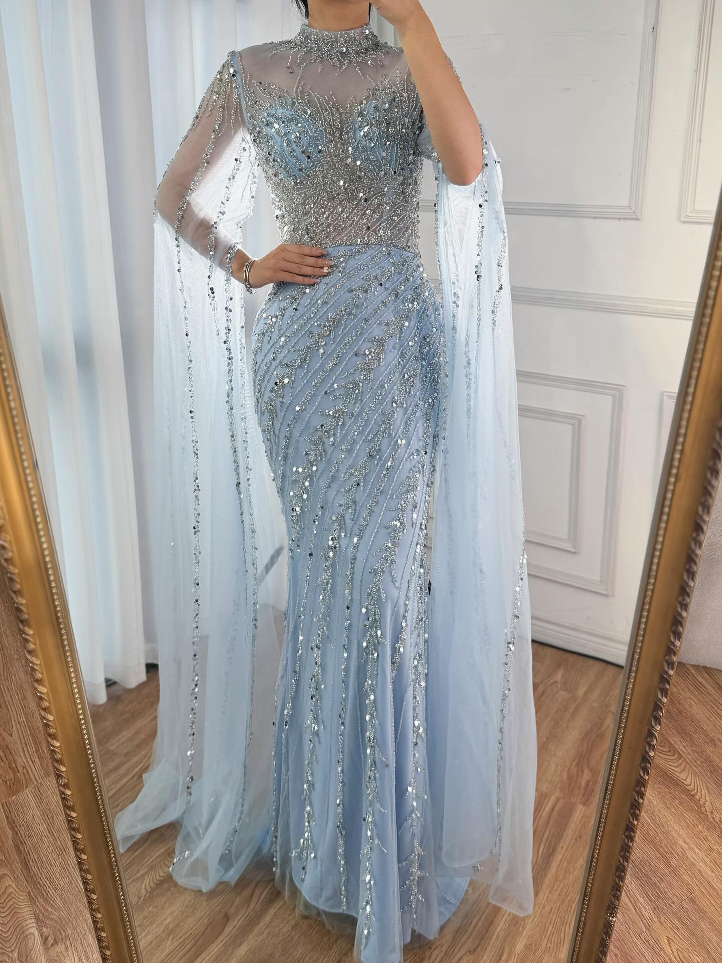 Luxury Modest Nude Mermaid Evening Dress with Cape Sleeves LA71885A