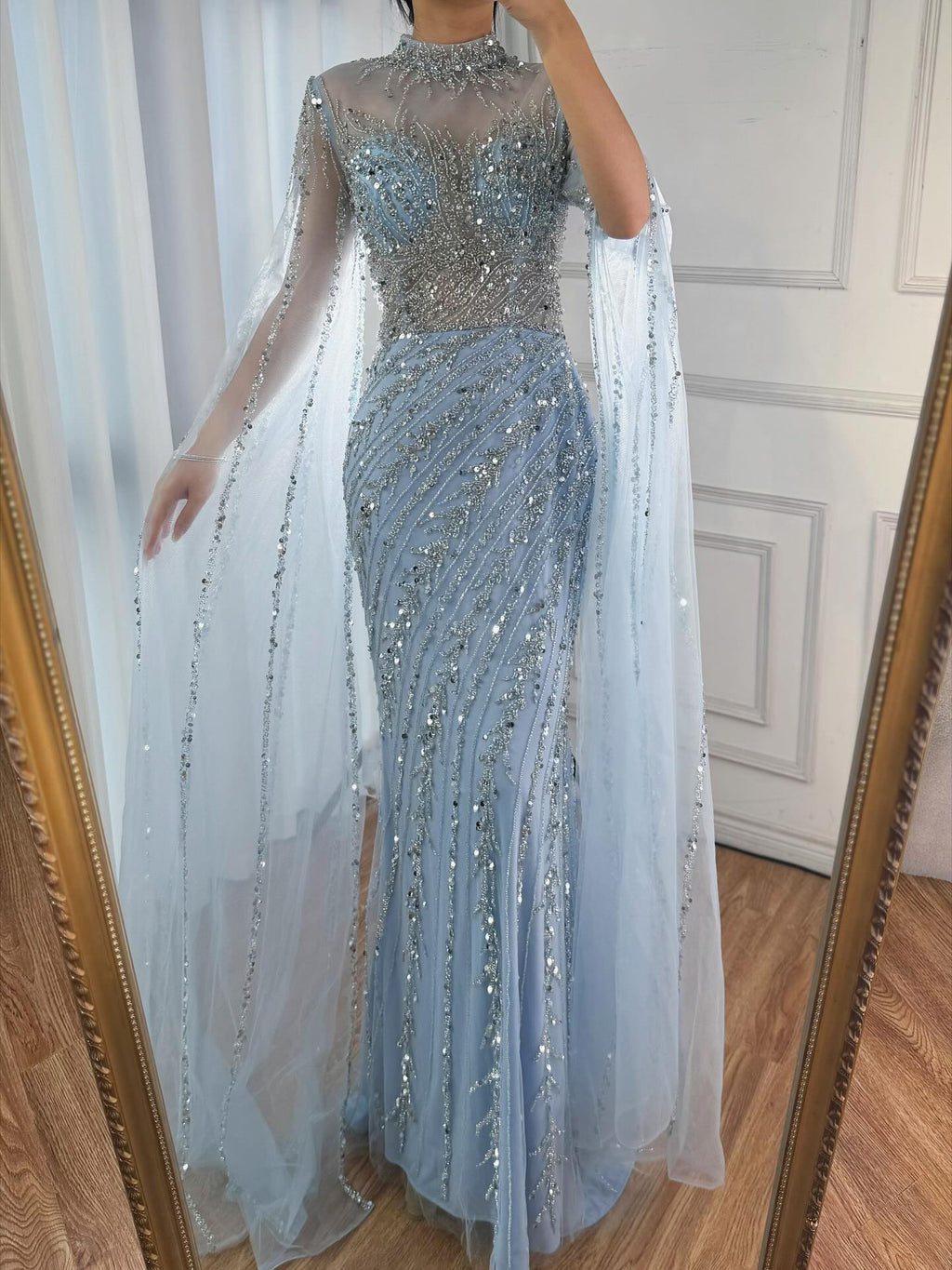 Luxury Modest Nude Mermaid Evening Dress with Cape Sleeves LA71885A